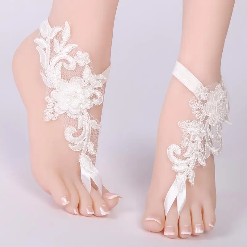 Cavigliera in pizzo da donna della boemia con fiocco floreale, accessori per piedi da sposa da spiaggia, puntelli per foto di Halloween femminili