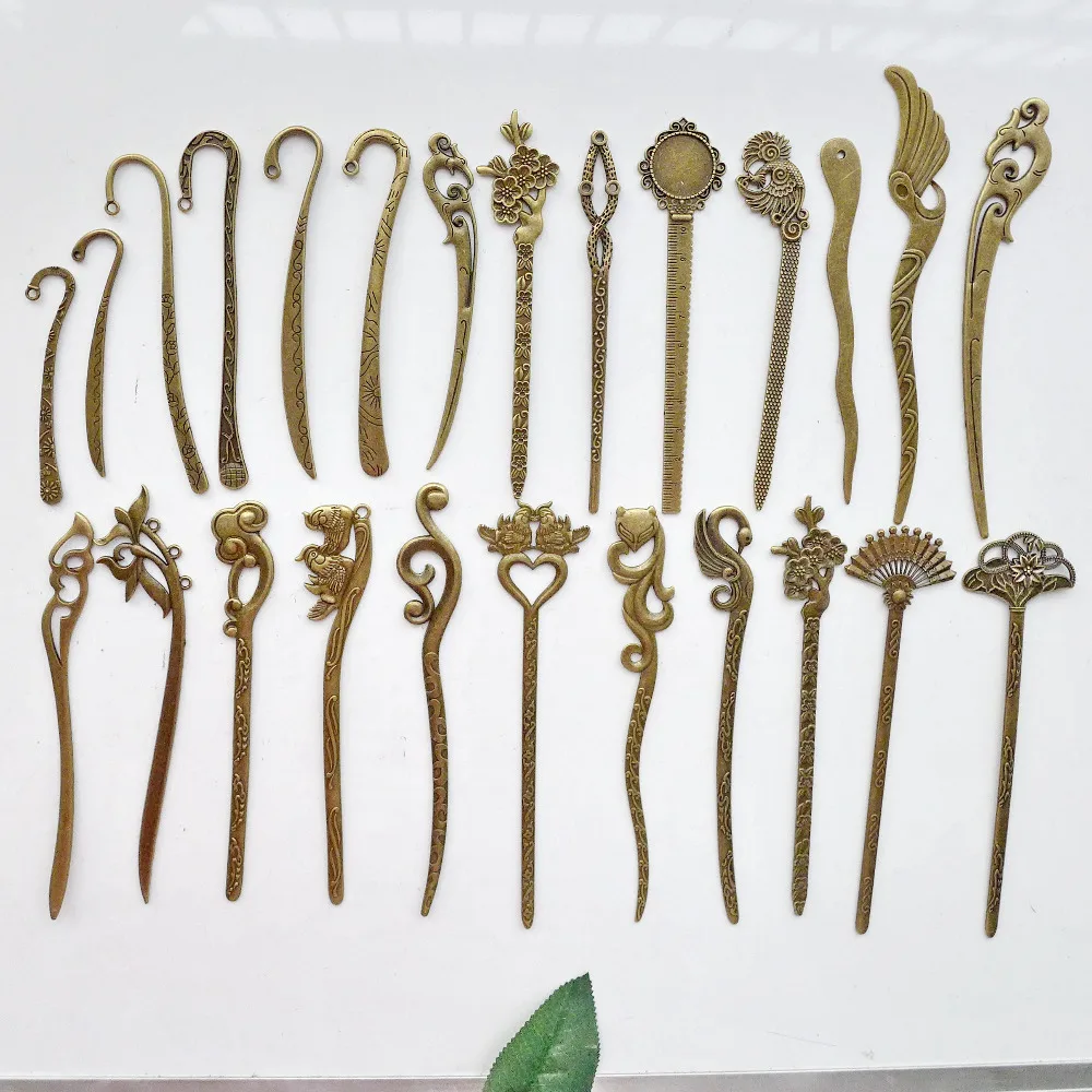 

Wholesale free shipping 10pcs/lot antique bronze bookmark/hair sticker/hairpin shape alloy charm pendant 25styles