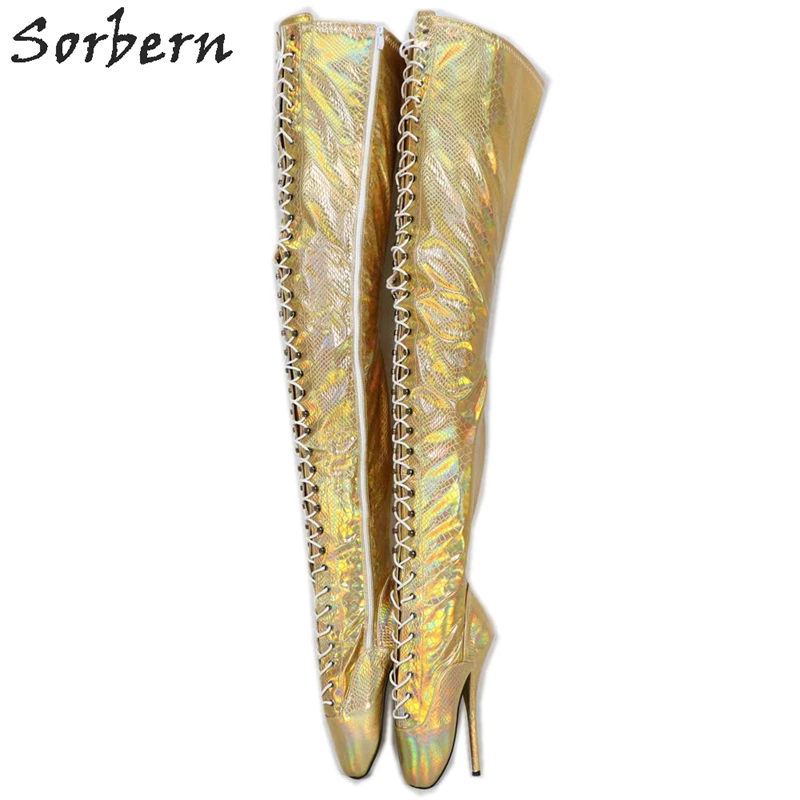 Sorbern Holographic Snake Crotch Thigh High Boots Women Stilettos Ballet High Heels Long Boot Lady Custom Shaft Length Wide Calf