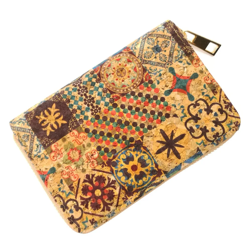 Portugal Tile Pattern Natural Cork Short Card Wallets for Women Vegan Leather Purse