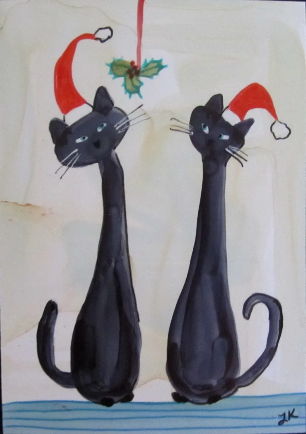 

Abstract Animal Painting for Kids Room Home Decor Art Canvas Oil Painting Black Cats Mistletoe Christmas Hats by L Kohler