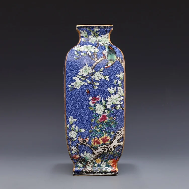 Qing Dynasty Yong Zheng year mark enamel blue square flower and bird celestial bottle antique porcelain ancient porcelain