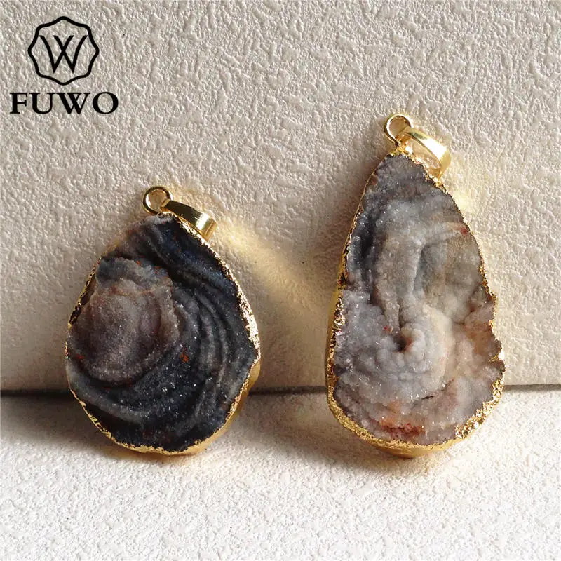 FUWO Wholesale Irregularly Shaped Galaxy Stone Druzy Pendant,Golden Plated Sun Agates Accessories For Necklace Making PD132 5Pcs