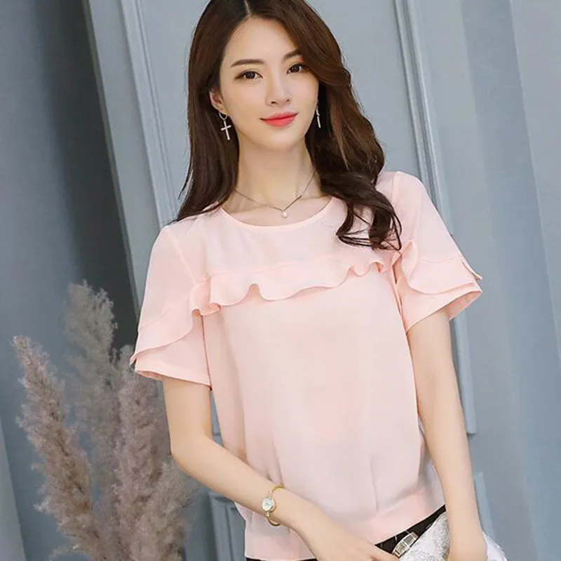 Frühling Sommer Chiffon Hemd Neue Koreanische Mode Dünne Reine Farbe Blusen Shirts Frauen Runde Kragen Kurzarm Dünne Tops H9062