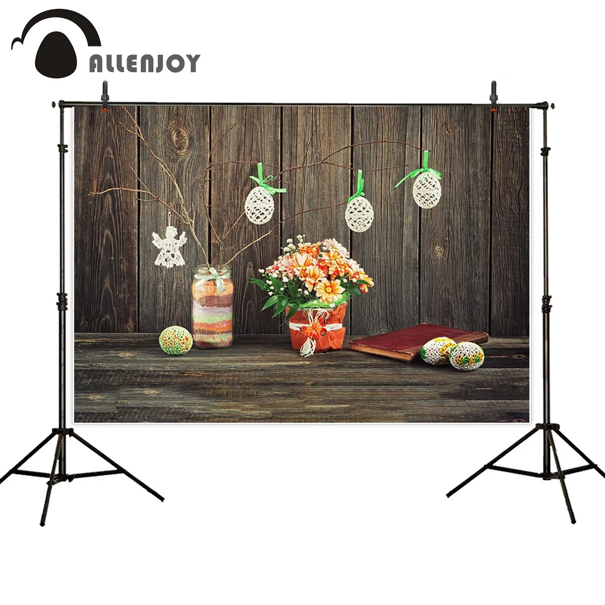 Allenjoy material photography spring easter flower basket scene Mottled wood new born photography backdrop camera fotografica