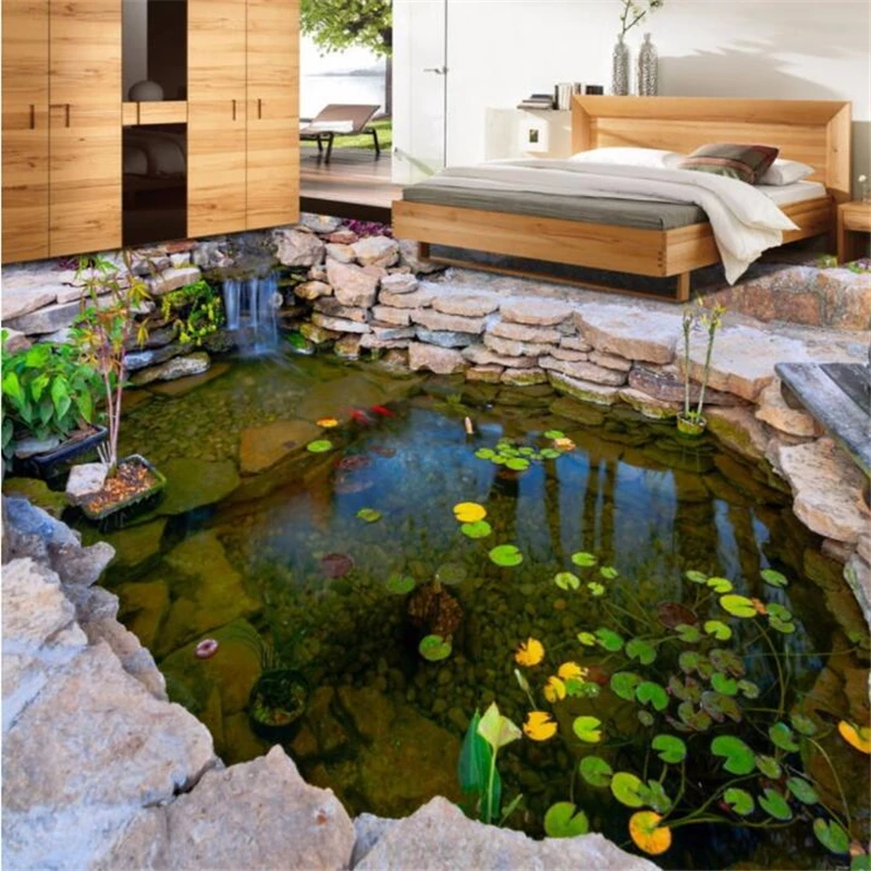 

beibehang Custom floor painting 3d self-adhesive floor pond river pond stone rockery lotus leaf bedroom floor painting wallpaper