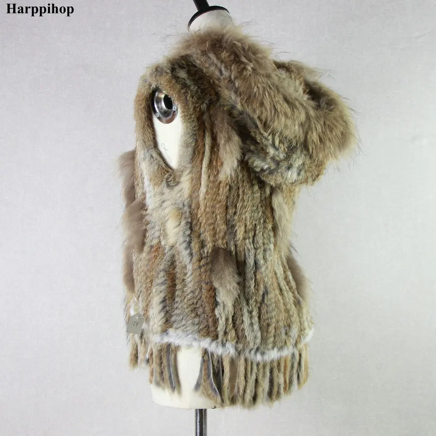 fashion rabbit fur vest raccoon fur trimming knitted rabbit fur vest with hood fur waistcoat gilet