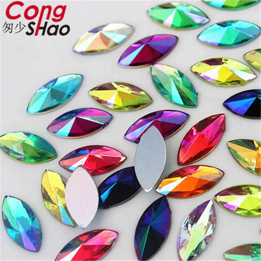 Cong Shao 100pcs 7x14mm Horse Eye AB Acryl Non Hotfix Rhinestone Navette Nail Art Rhinestone Non Hot Fix Crystal for DIY ZZ356