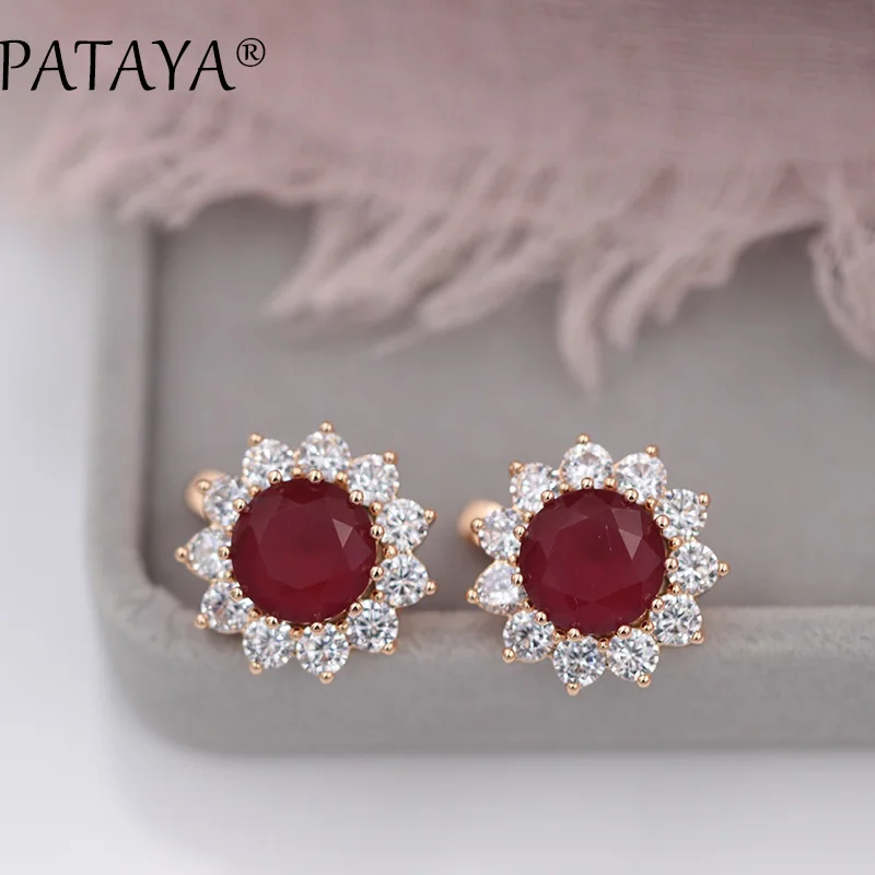 PATAYA New 585 Rose Gold Color Red Sunlight Natural Zircon Women Luxury Party Jewelry Accessories Vintage Big Drop Earrings