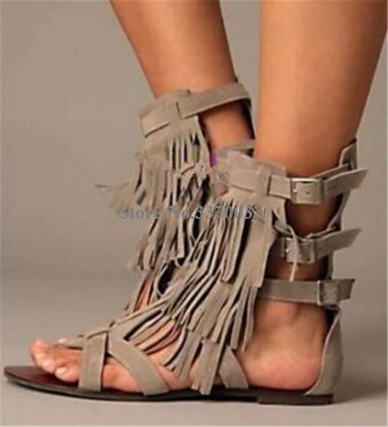 Summer New Fashion Women Open Toe Suede Leather Tassels Flat Gladiator Sandals Buckles Fringed Straps Sandal Boots Bohemia Shoes