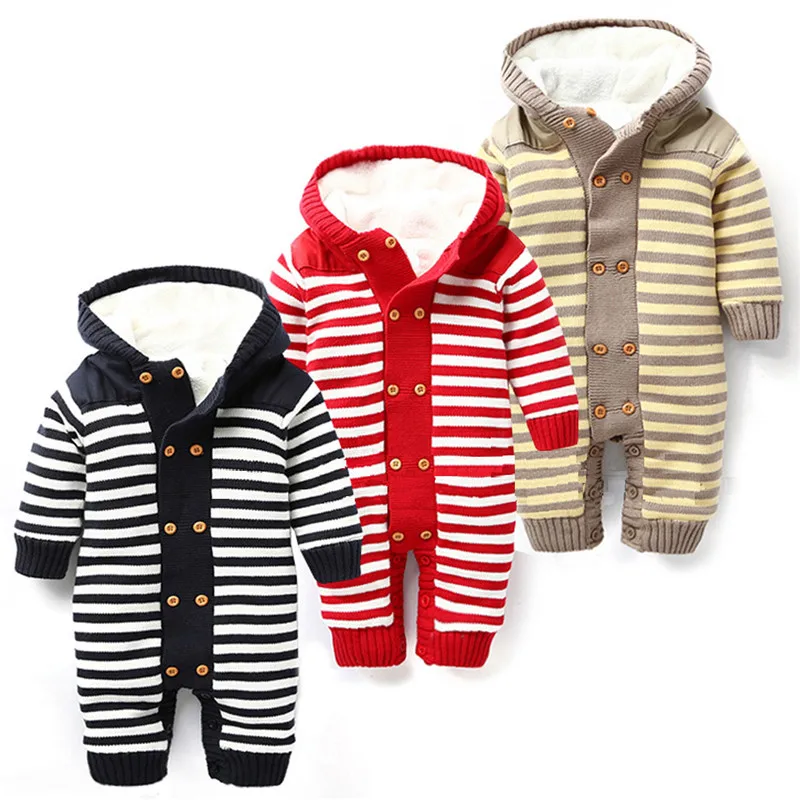 

2022 Baby Rompers Winter Thick Climbing Clothes Newborn Boys Girls Warm Romper Knitted Sweater Striped Pattern Hooded Outwear