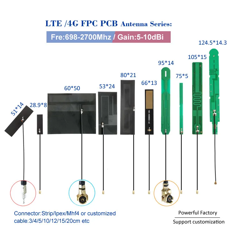 유연한 안테나 내장 FPC, 4G LTE, 3G, 10Dbi, UFL, MIMO, 698-2700Mhz, IPEX, MHF4 커넥터, 1 개