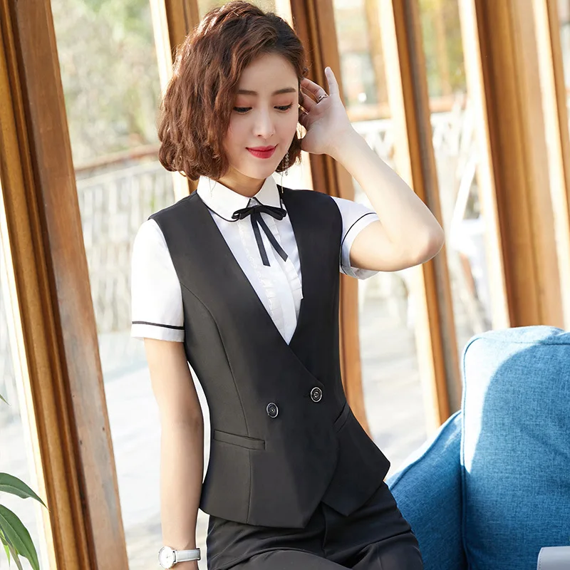 IZICFLY Spring Summer New Style Office Suits For Women Tops Vest Waistcoat Formal Skirt Set Work Wear Blue