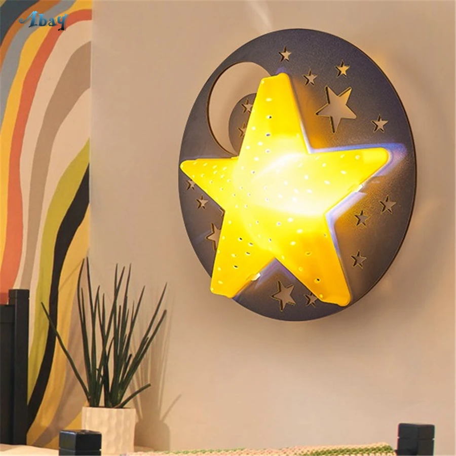 

Hut Children Room Decoration Star/moon Shape Wall Lamps Kids Bedside Lamp Wooden Wall Sconce Light for Study Corridor Restaurant