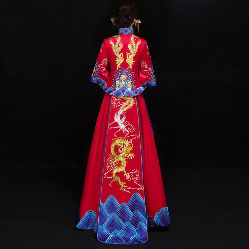 chinese style bride Embroidery cheongsam wedding ceremony Dresses costume evening dress show clothing slim Phoenix Qipao