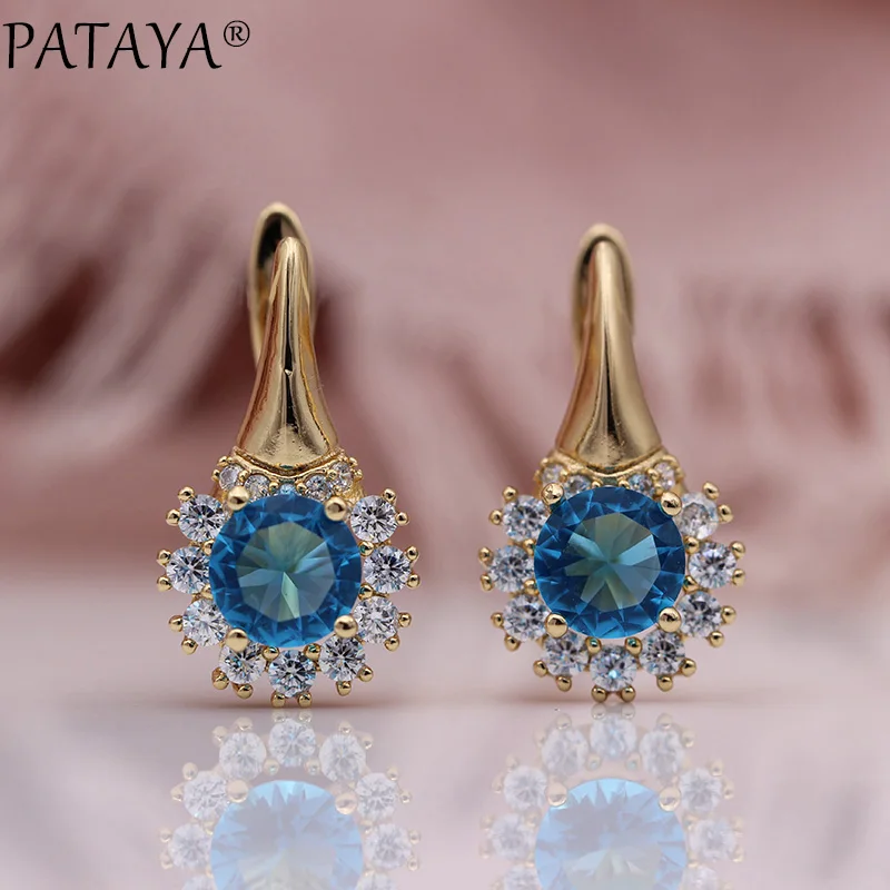 PATAYA New Round Dark Blue Wedding Dangle Earrings Women Cute Flower Fashion Jewelry 585 Rose Gold Color Natural Zircon Earrings