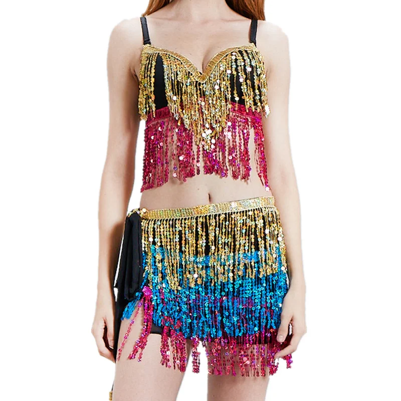 Sparkle Dance Wear Women Belly Dance Costume Set 2 pieces Bra + Hip Scarf Sequins Fringe