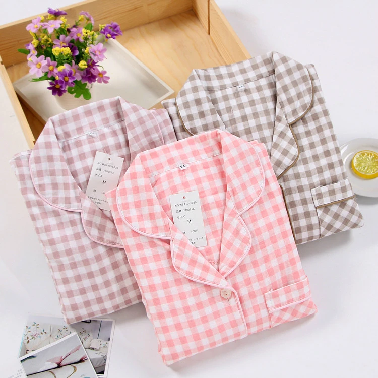 

Special Price Men and Women Plaid Pijamas 100% Cotton Double-layer Gauze Long-sleeved Pajamas Summer Couple Pyjamas Sleepwear