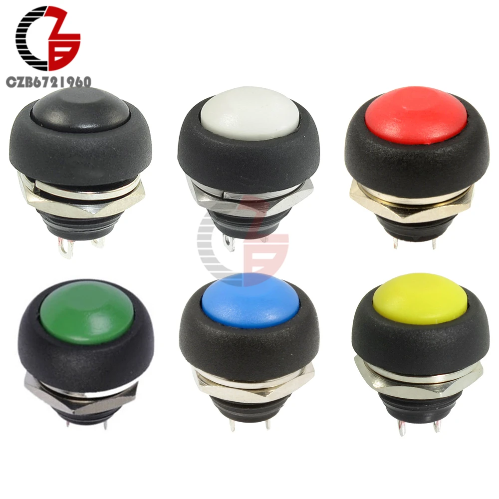 2Pin 12mm 1A 250V PBS-33B Waterproof Momentary Push Button Switch Mini Round Switch ON OFF Switch Red Black Green Blue White