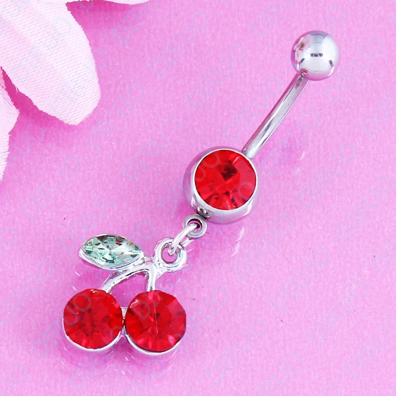 Red Cherry Dangle Rhinestone 316L Steel Navel Belly Ring Body Piercing Jewelry belly button ring nickel-free