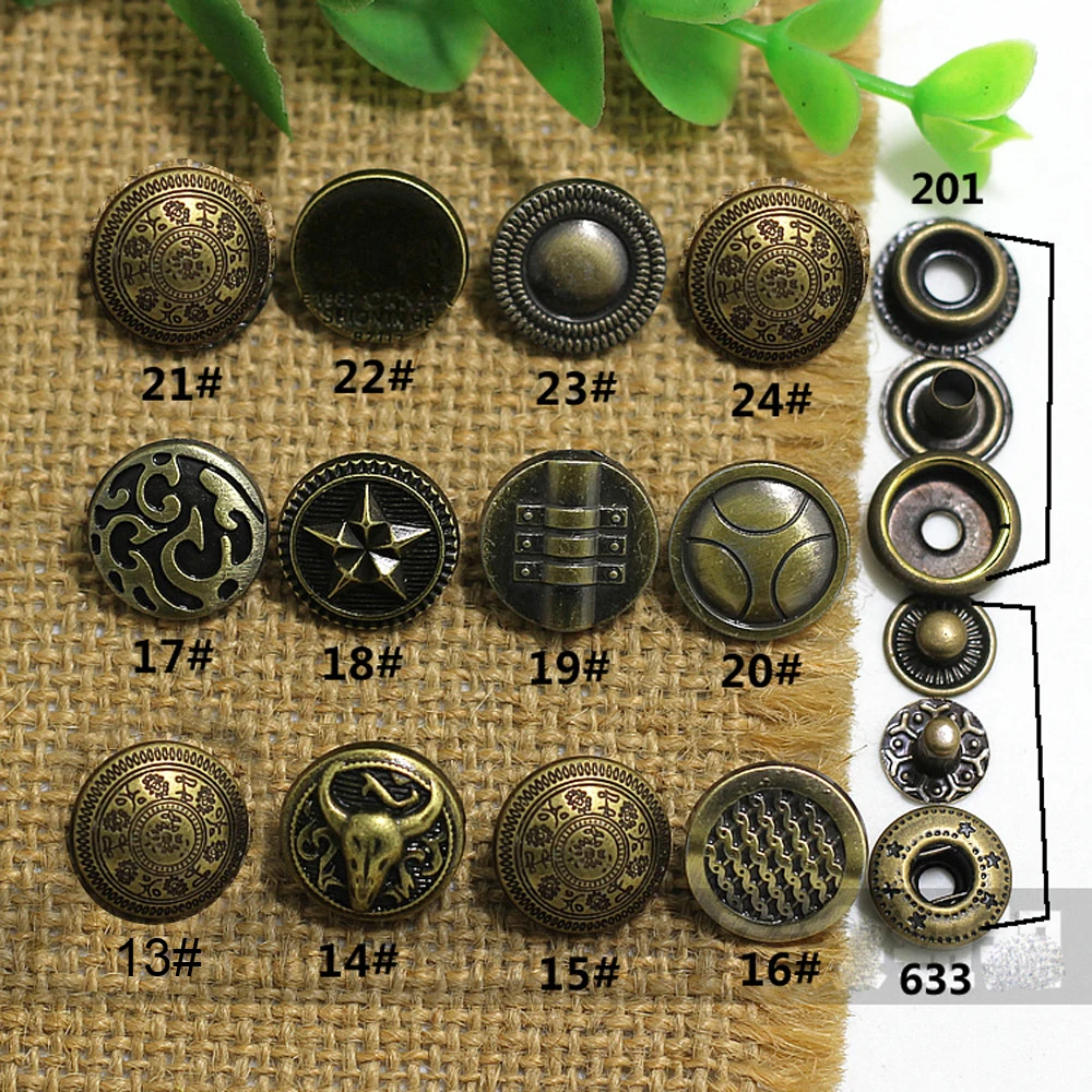 12 design 15mm vintage elegancki rzeźbiony brązowy kolor zatrzaski metalowy ozdobny przycisk na ubrania skórzane akcesoria do szycia