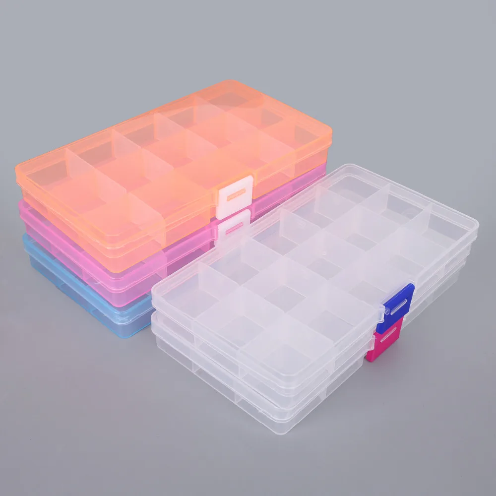 15 Grid Adjustable Transparent 5 Colors Jewelry Storage Box Ring Earring Beads Case Plastic Portable Organizer Box Travel Bins