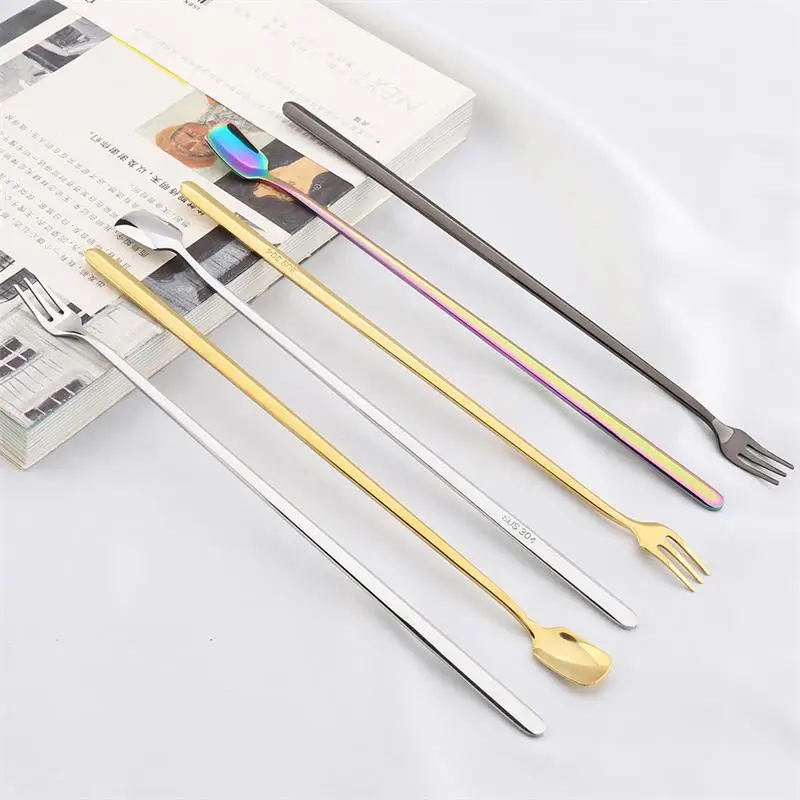 6pcs Stainless Steel Korean Fruit Forks Long Handle Salad Spoon Dessert Cocktail Fork Teaspoon Three Time Serving Pickle Fork