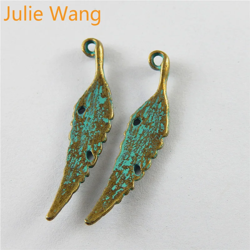 Julie Wang 20PCS Zinc Alloy Vintage Antique Bronze Feather Shape Charms Jewelry Making Pendants Necklace Finding Accessories