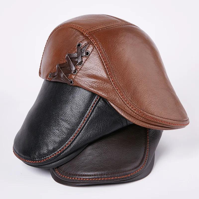 Men's  Cowhide Cap Adult Genuine Leather Warm Hat Young Hat Middle-aged Leather Cap Single Hat Male Baseball Cap  B-7874