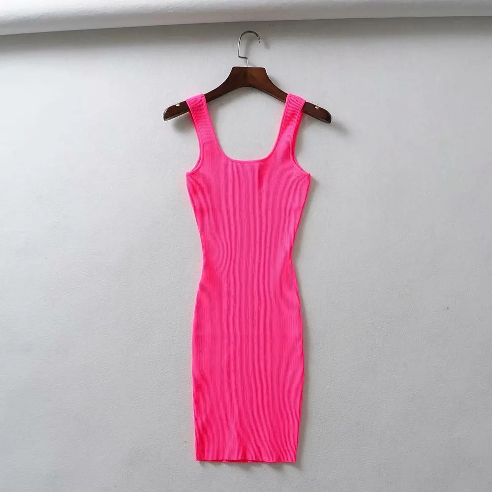 2024 Summer Pink Neon Green Dress Women Ribbed Fluorescence Knit Bodycon Dress Tank Beach Casual Mini Dress Short Sundress