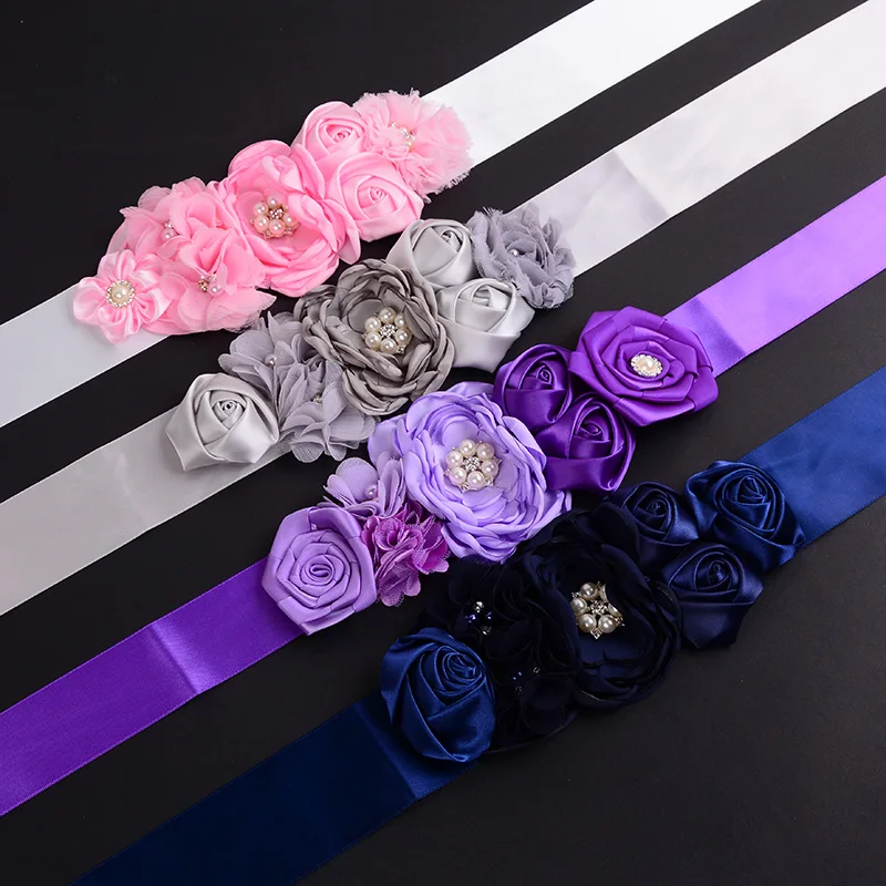 Ceinture à fleurs en Satin violet, gris, bleu marine, rose, rubans à strass pour enfants, ceintures à fleurs de mariage pour filles