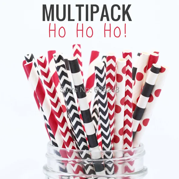 125 Pcs Mixed Colors Ho Ho Ho Themed Santa Pretty Christmas Paper Straws,Black and Red Stripe, Polka Dot, Chevron, Sailor Stripe