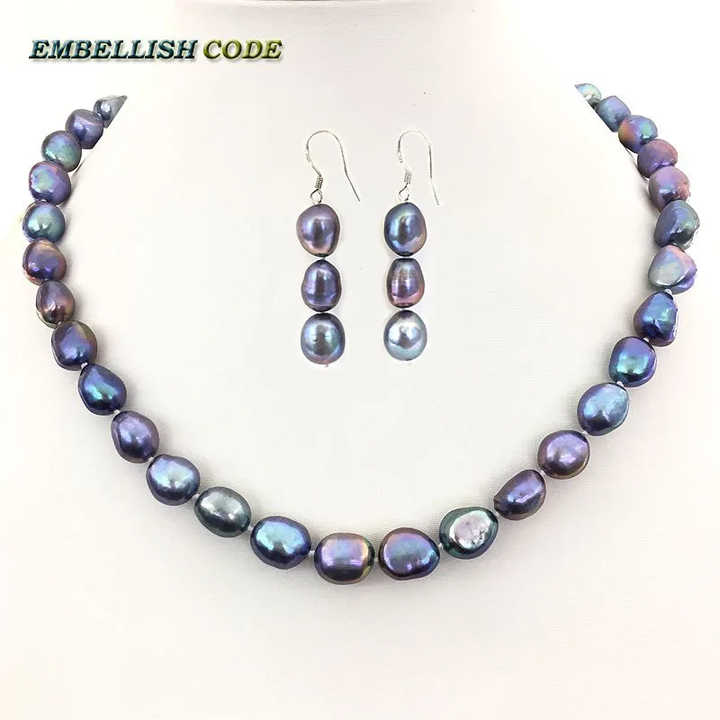 selling well small baroque Irregular pearls real natural freshwater pearl necklace earring set Peacock blue Colourful girl women