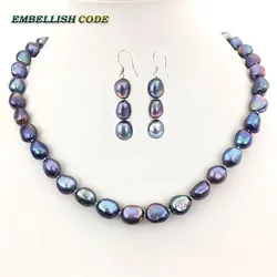 selling well small baroque Irregular pearls real natural freshwater pearl necklace earring set Peacock blue Colourful girl women