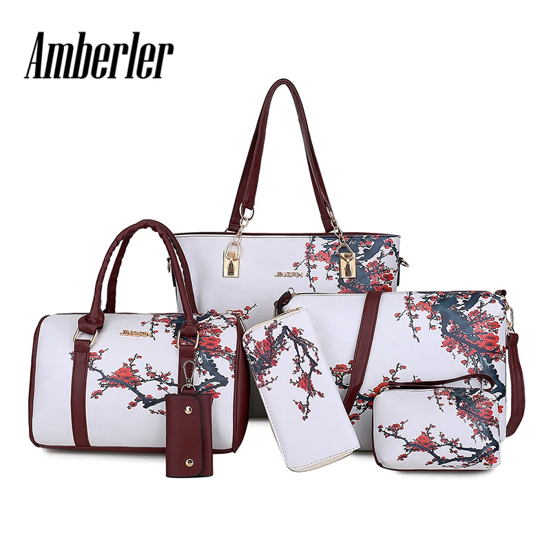 Amberler Luxury Women PU Leather Handbags Women Printed Bags Designer 6 Pieces Set Shoulder Crossbody Bags For Women Big Tote