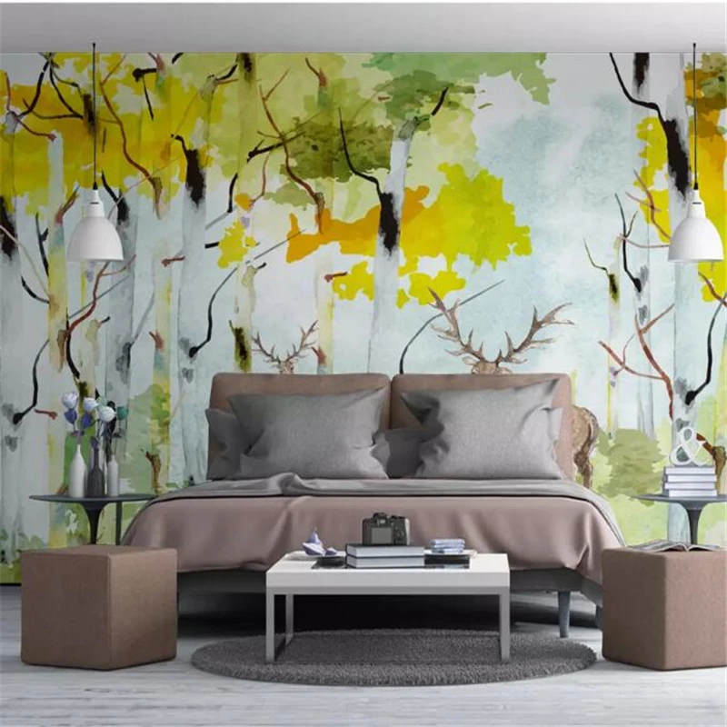 

wellyu papel de parede 3D Custom wallpaper Nordic small fresh hand painted watercolor cartoon forest elk mural background