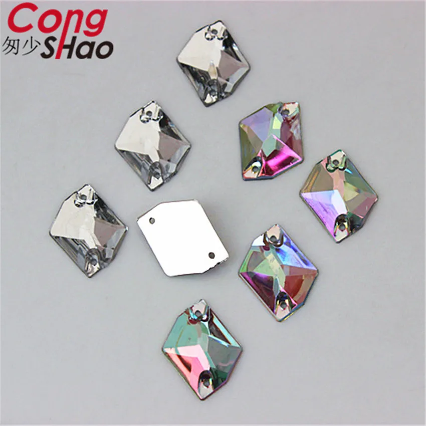 Cong Shao 100pcs 13*17mm Rhombus Irregular shape Crystal Acrylic Rhinestone flatback sewing 2 Hole Wedding Dress Button CS227