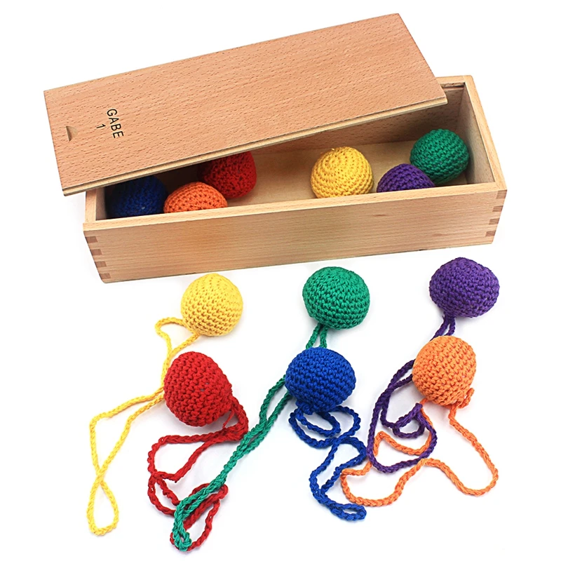 Lot de 12 balles tricotées en bois pour bébés, jouet éducatif éducatif avec boîte, aide pédagogique, couleur, jeux GABE1 2-4