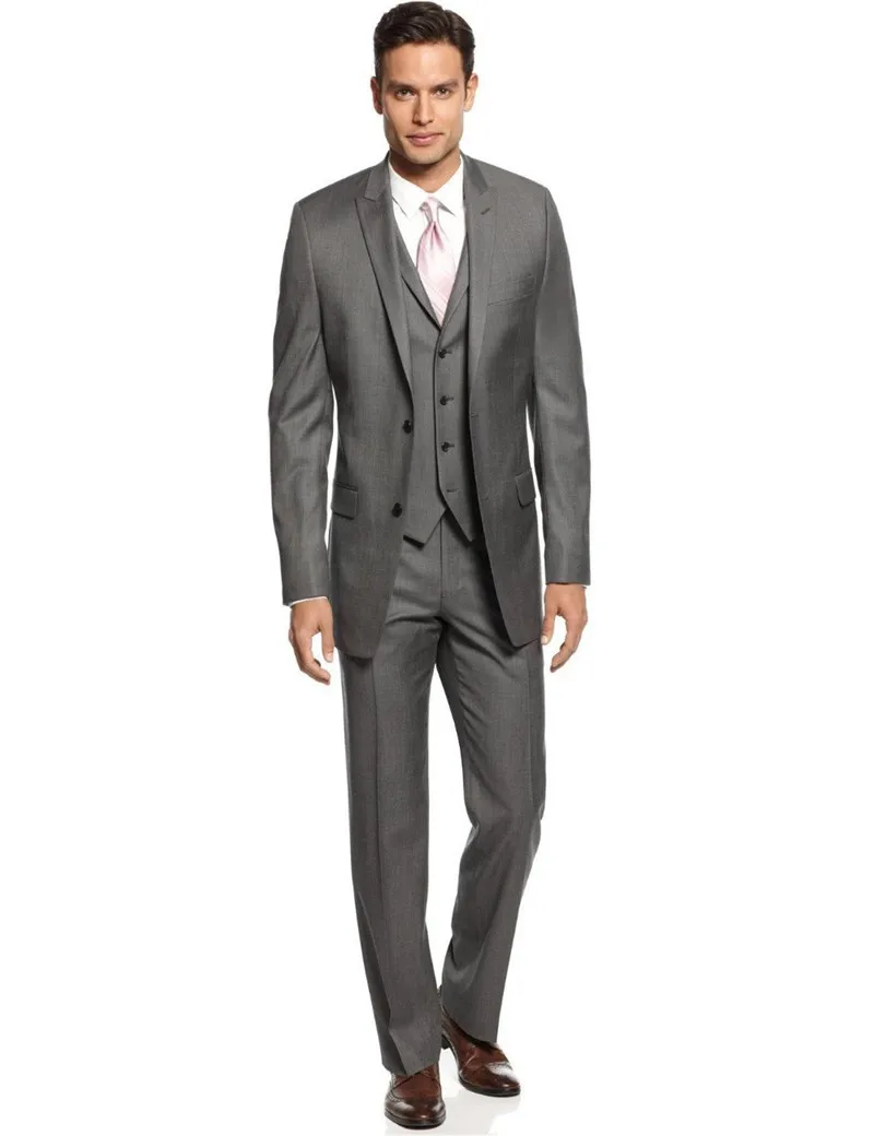 

Custom Made Side Vent Two Buttons Gray Groom Tuxedos Peak Lapel Groomsmen Best Man Wedding Prom Suits (Jacket+Pants+Vest+Tie)