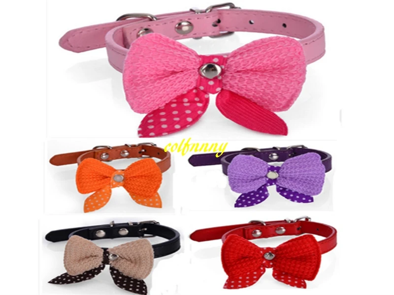 100pcs/lot Fast shipping Wool bow tie PU dog collar Pet collar 3 size