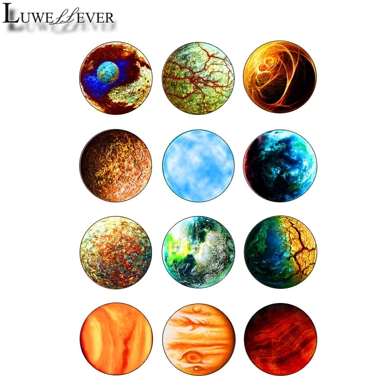 

12mm 10mm 14mm 16mm 20mm 25mm 428 12pcs/lot Planet Mix Round Glass Cabochons Jewelry Findings 18mm Snap Button Charm Bracelet