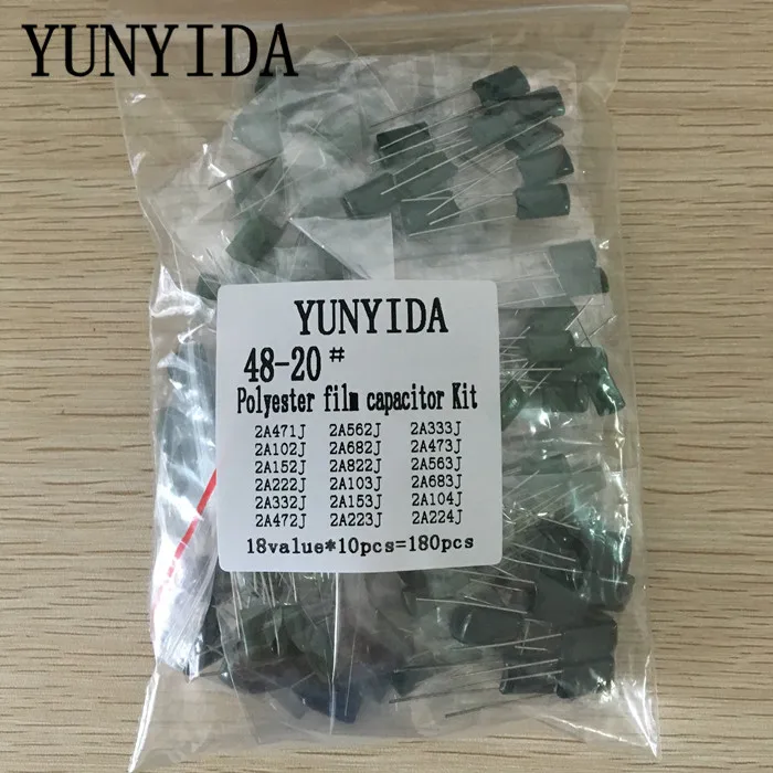 180pcs=18value*10pcs Polyester film capacitor Assorted Kit contains 2A104J 2A332J 2A472J 2A103J 2A333J 2A473J 2A563J 2A223J