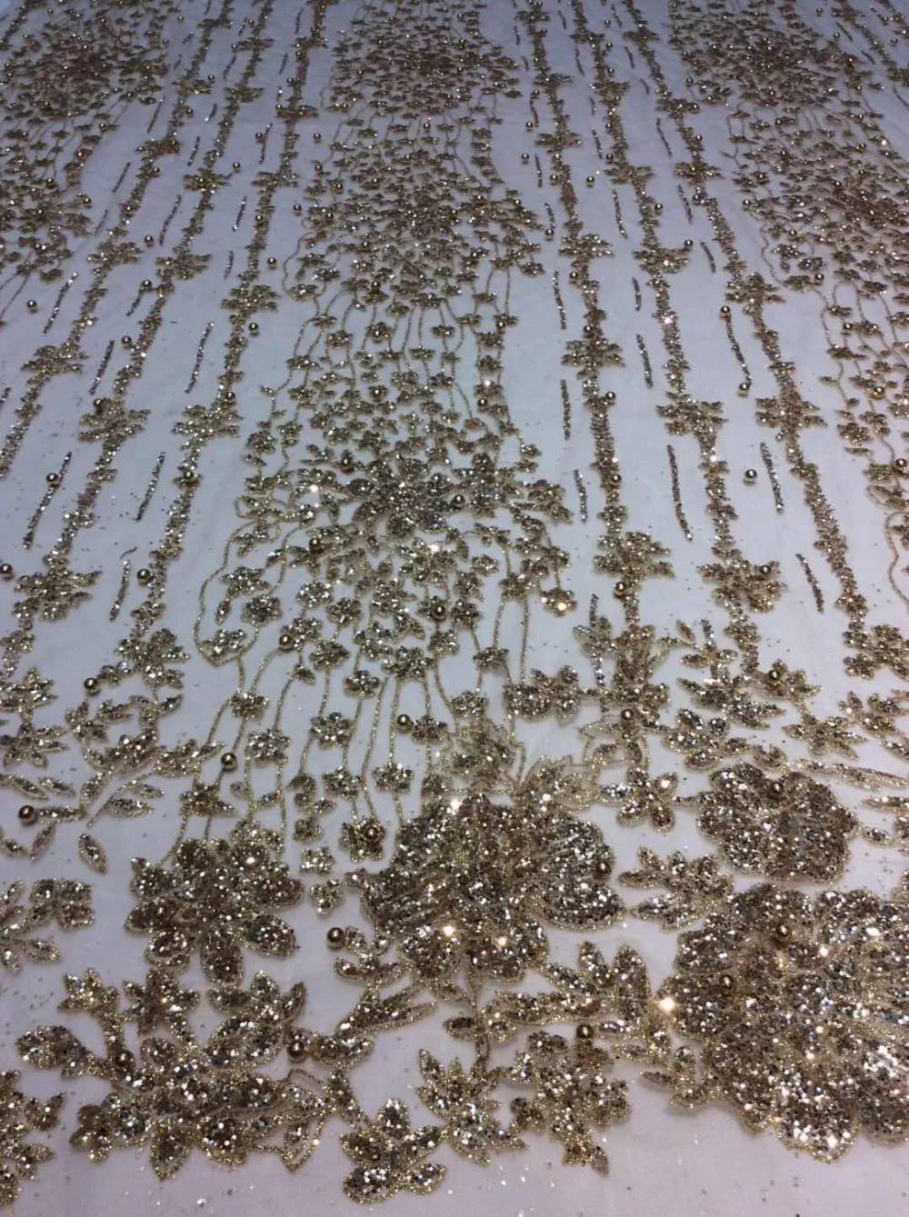 

ap218# 5 yards champagne gold pearls sparkly hand print glued glitter net tulle mesh sugar lace fabric for sawing dress