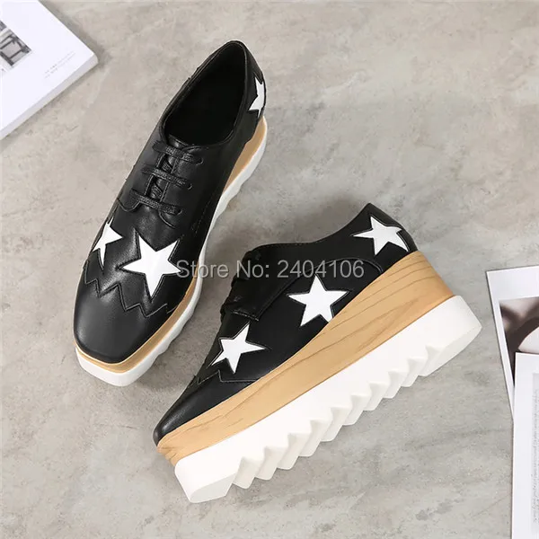 Zapatos Mujer Street Fashion Platform Casual Shoes Woman Square Toe Lace Up Women High Weges Leather Stars Single Stella Shoes