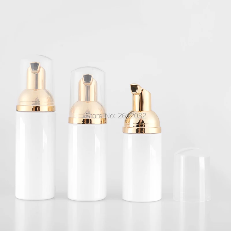 

30ml 50ml 60ml Empty cosmetic facial Cleanser wash cream Plastic pet white liquid soap Foam bottle with golden foamer pump H0009