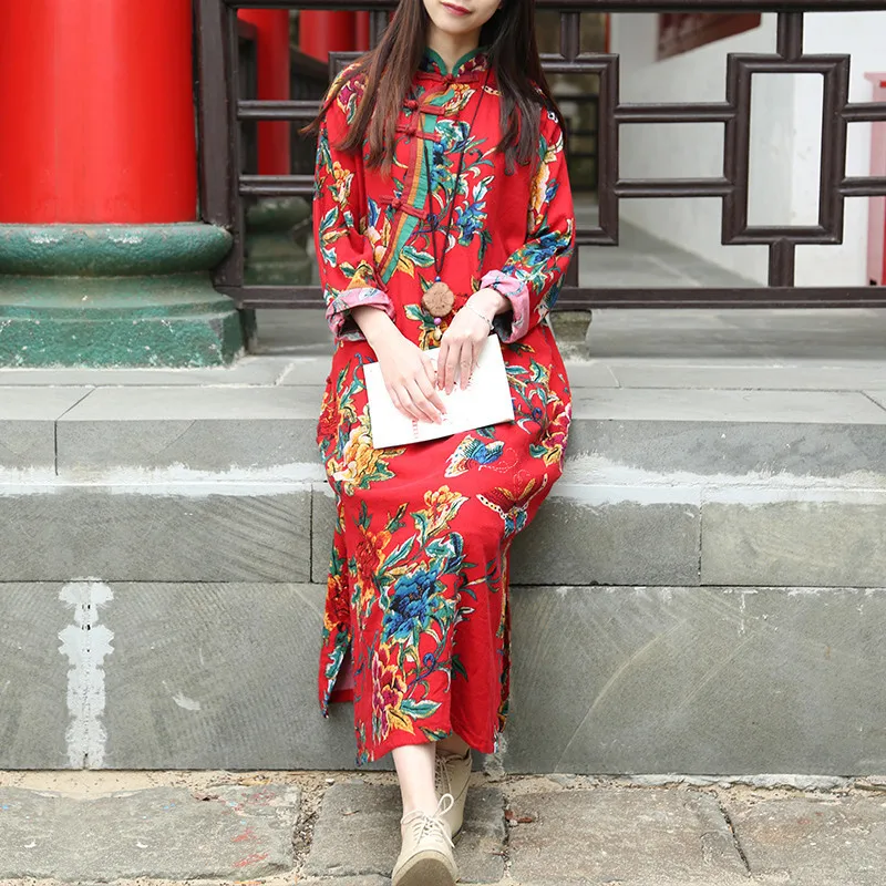 LZJN-Long Sleeve Dress for Women, Cotton Linen, Cheongsam, Qipao, Floral, Butterfly Print, Traditional Chinese Robe,SummerAutumn