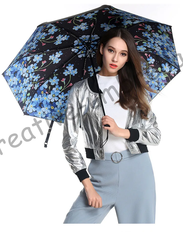 

3pcs get 1pc free Fiberglass windproof 5 times black coating anti-UV parasol pocket folding forget me not flowers print umbrella