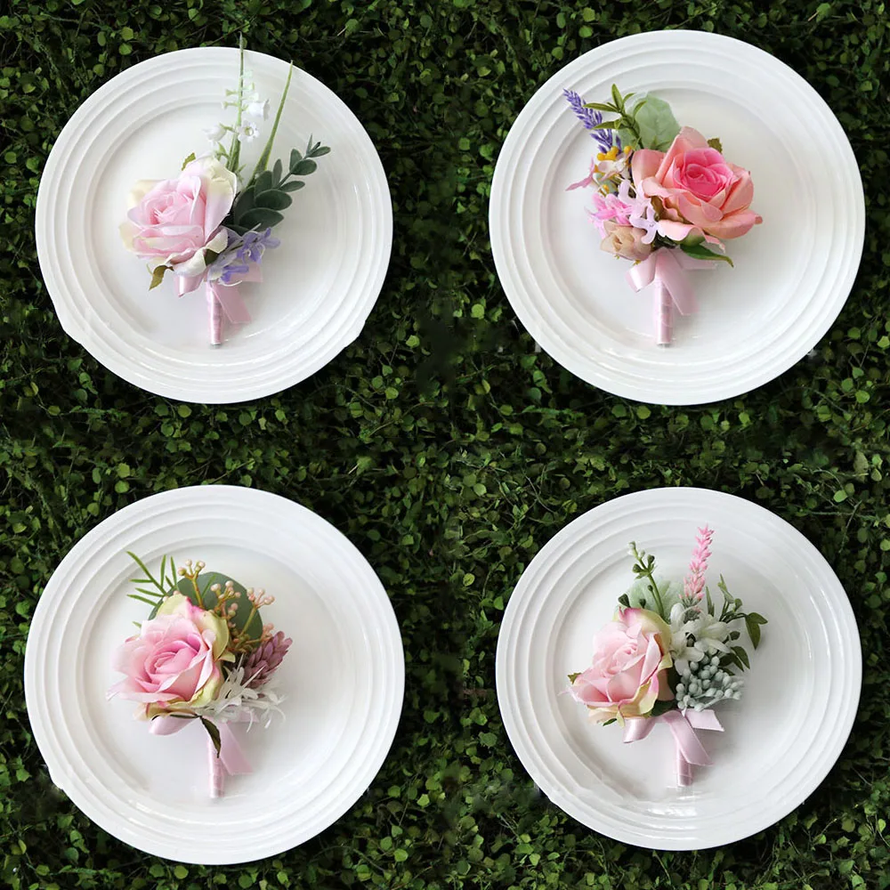 Akcesoria ślubne Boutonnieres stanik bransoletki druhna różowe jedwabne róże Groomsmen dziurka małżeństwo mankiet nadgarstek stanik