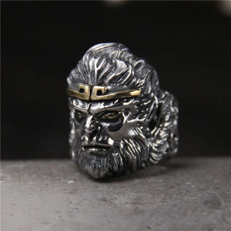 

Retro Thai Silver Monkey King King Kong S925 Sterling Silver Men's Personality Open Ended Ring Fighting