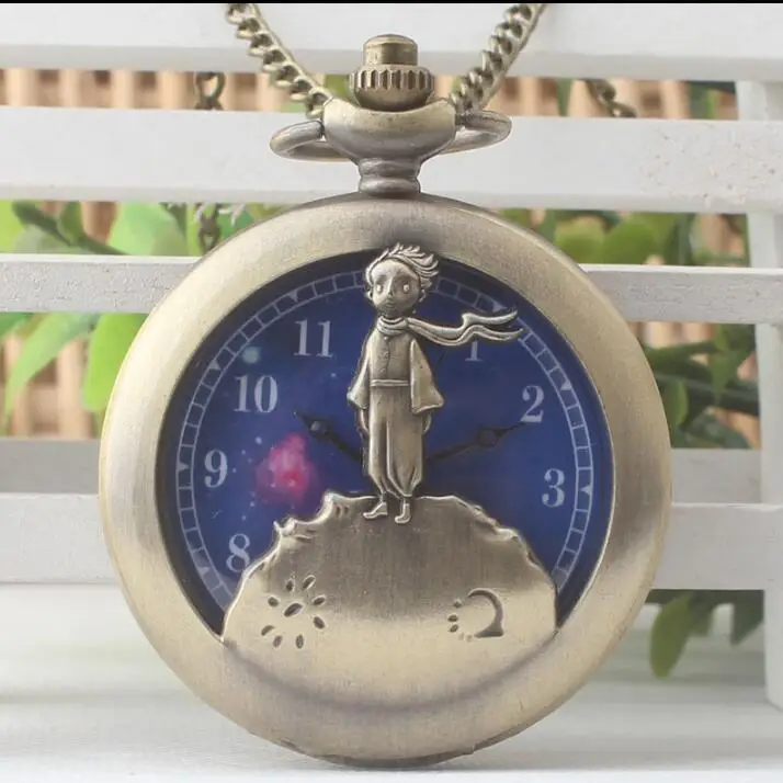 

Hot Selling Classic The Little Prince Movie Planet Blue Bronze Vintage Quartz Pocket FOB Watch Popular Gifts for Boys Girls Kids